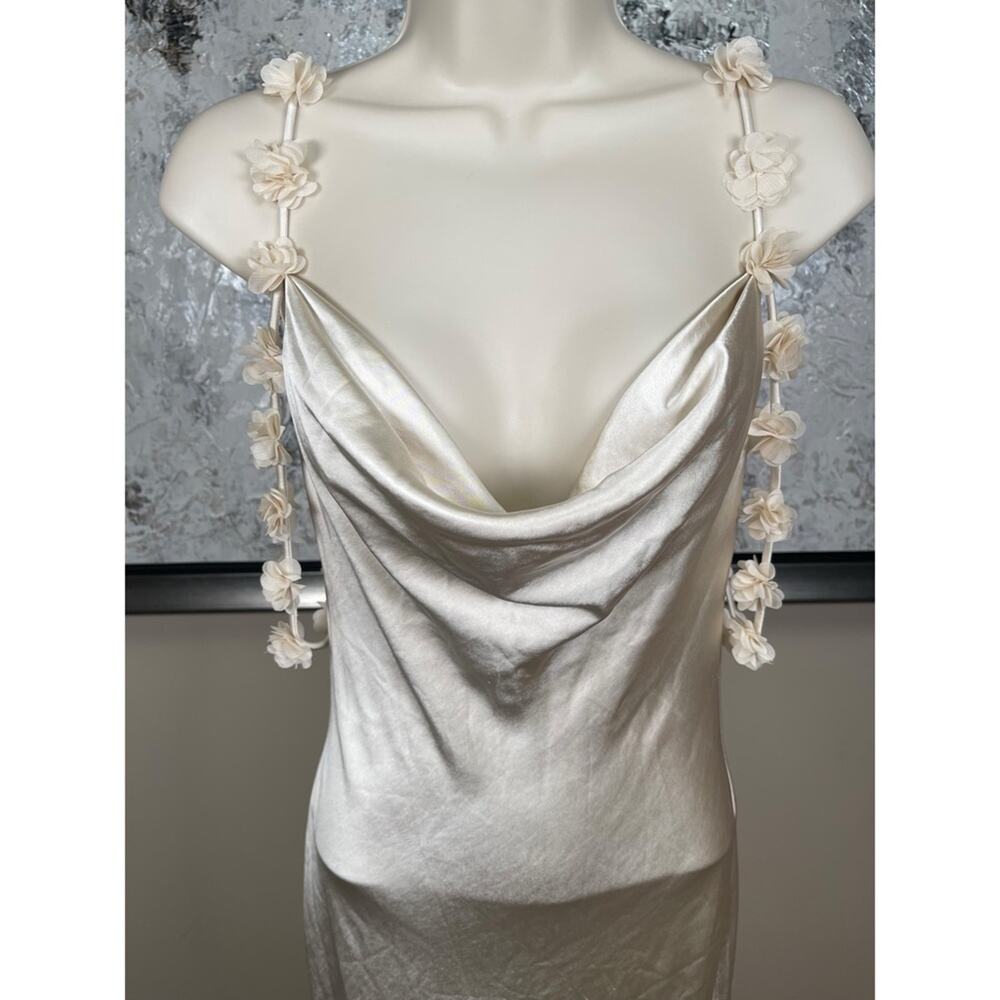 SELF-PORTRAIT Satin Flower Floral Champagne Off the Shoulder Maxi Dress Size 2 - Picture 5 of 13